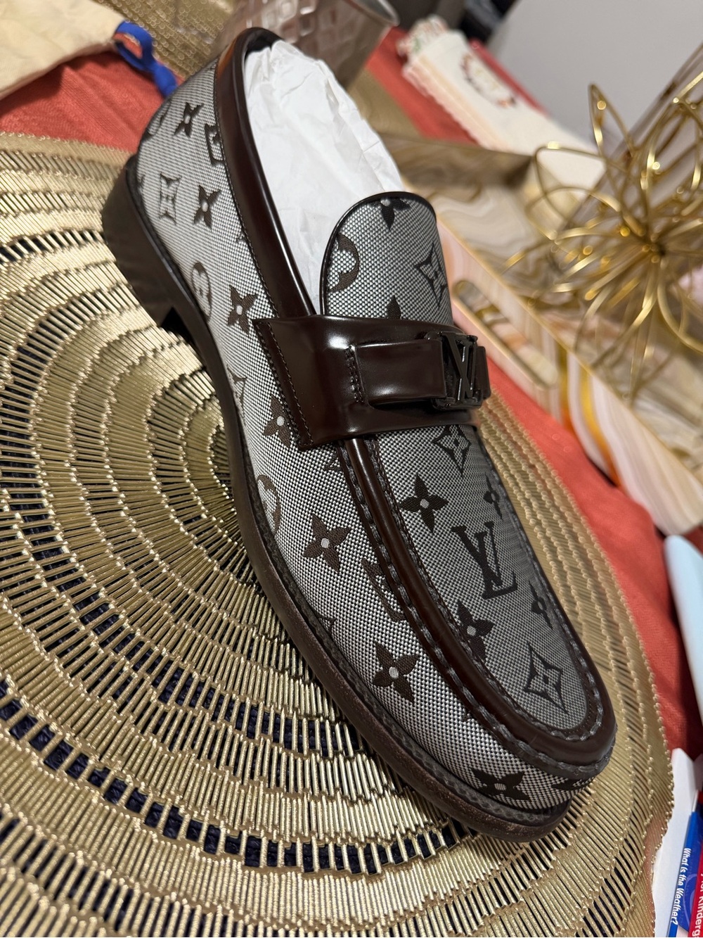 Louis Vuitton Gray Monogram Canvas Loafers with Brown Trim and LV Buckle